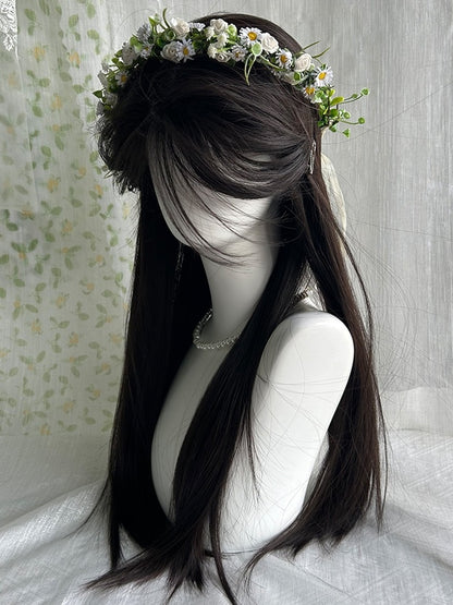 Schwarze, hüftlange, glatte Kunsthaarperücke mit Vorhangpony