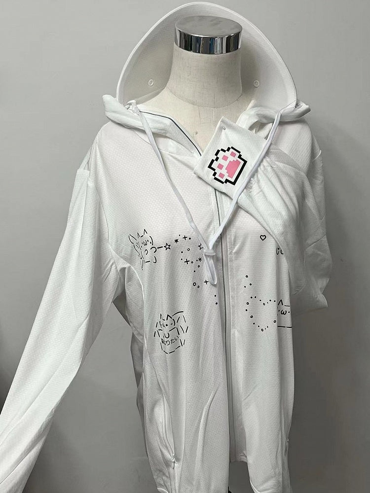 Sun Print White Jacket Kei Hooded Cat Jirai Protection