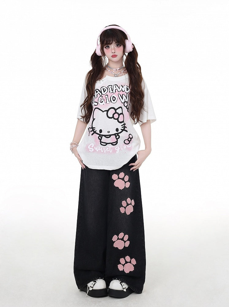 Adorable Kitty Graffiti Pink/White Bittersweet Detail T-Shirt Pin