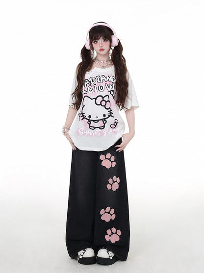 Adorable Kitty Graffiti Pink/White Bittersweet Detail T-Shirt Pin