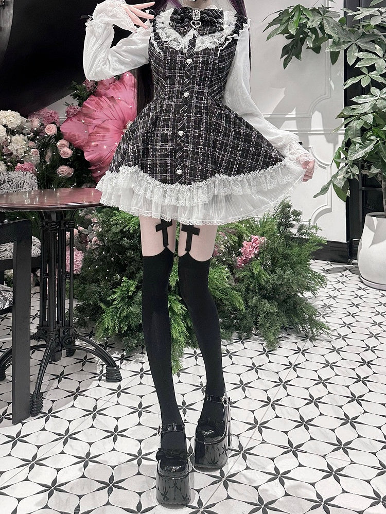 Shorts Jirai Trim Dress Matching Plaid Bow Black + Set White Rhinestone Kei Lace Long Sleeve