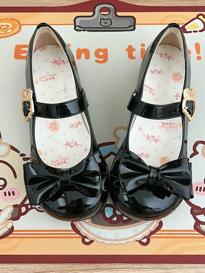 Lolita Accent Sweet Toe Bow Heels Bunny Black Round with PU - Low Buckle Front