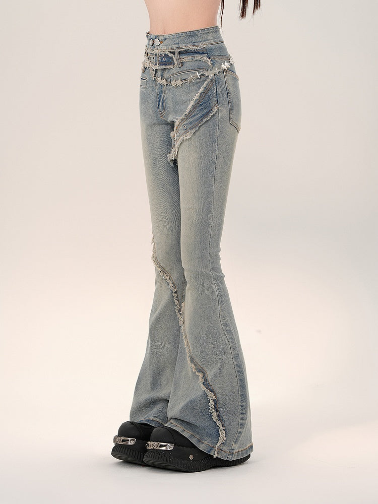 Blue Flare Jeans with Frayed Hem and Built-in Belt