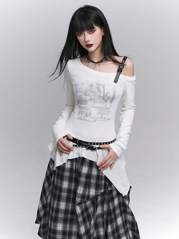 White Gothic Top Graffiti Neck with Asymmetrical Hem