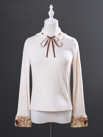 White Long Sleeve Top with Plush Deer Patterned Cuffs