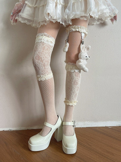 Beige Sweet Sheer Star Tights + Lace Overknee Stockings + Plush Bunny Leg Ring Set - Ms. Sox