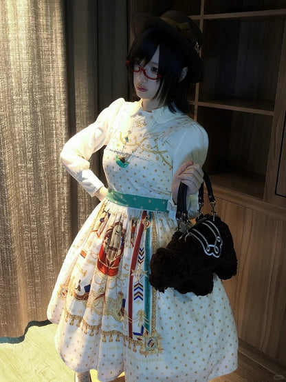 White Musical Print Elegant Lolita Jumper Skirt - Crucis Universal Tailor Company