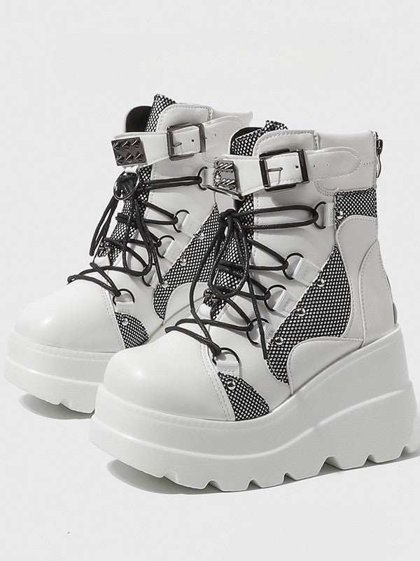 Gothic Studded - Platform Harness Ankle Boots White