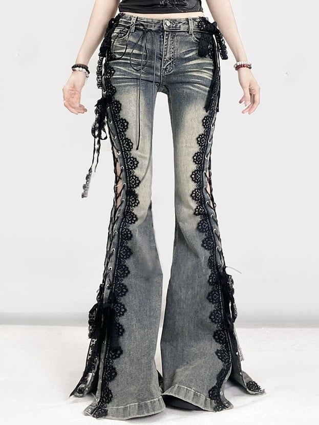 Trim Jeans Lace Blue Bittersweet Detail Flare Glamorous Side Silhouette Lace-up