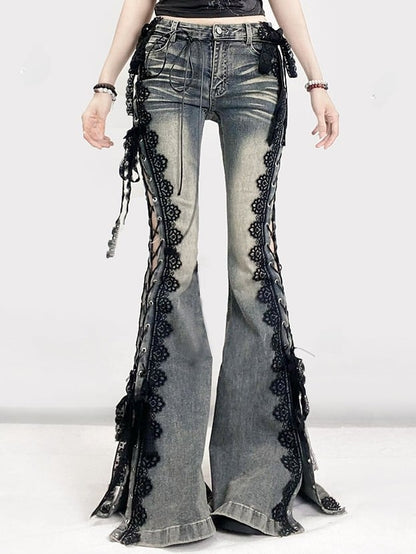 Trim Jeans Lace Blue Bittersweet Detail Flare Glamorous Side Silhouette Lace-up