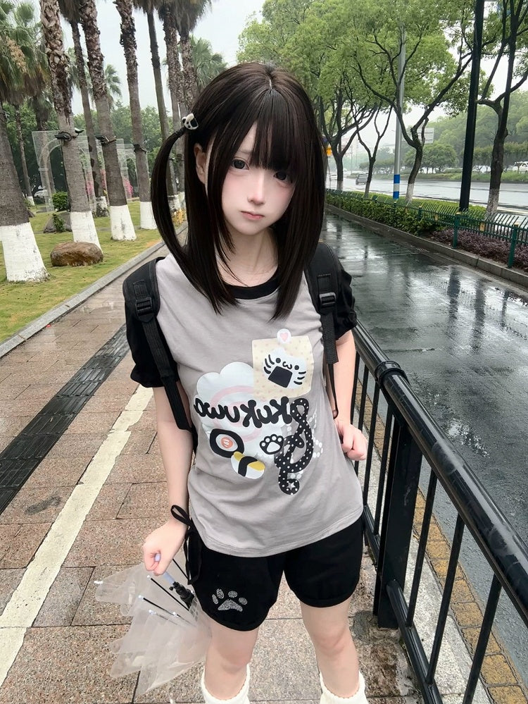 Polka Dot Kawaii Print T-Shirt Wear Kitten Gray Black Design and Colorblock Daily -