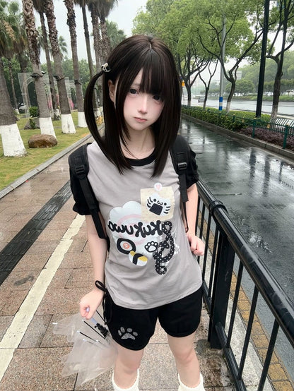 Polka Dot Kawaii Print T-Shirt Wear Kitten Gray Black Design and Colorblock Daily -