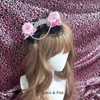 Colors Bow Rose with in Gyaru - Dazzling Chain Lace 4 Crown Hair Clip Hime Beaded