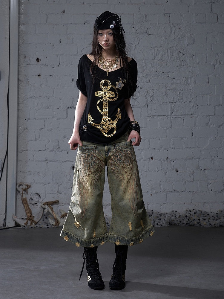 Schwarz/Weißes Navycore-Grafik-T-Shirt im Distressed-Design