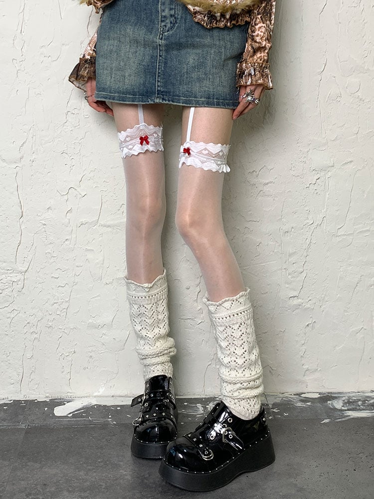 Y2K White Bow Lace Details Suspender Tights