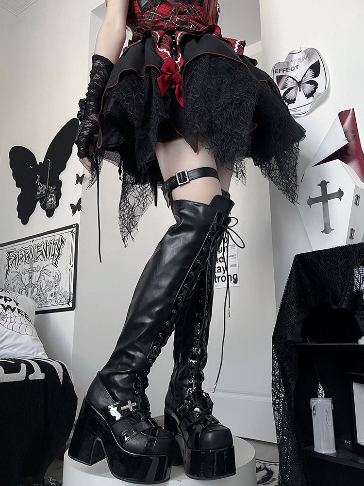 Matte Black Front Lace-up Ties Buckle Straps Heel Platform Thigh-high Boots