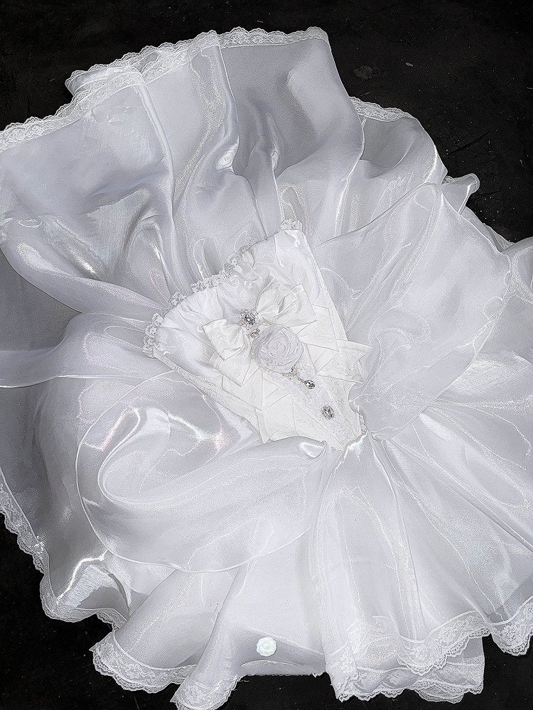 Rhinestones Balletcore Puffy Skirt White with Decorated Set Boned Corset Waist Strapless Top