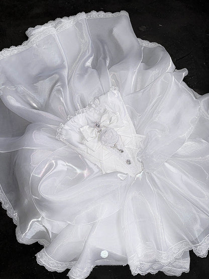 Rhinestones Balletcore Puffy Skirt White with Decorated Set Boned Corset Waist Strapless Top