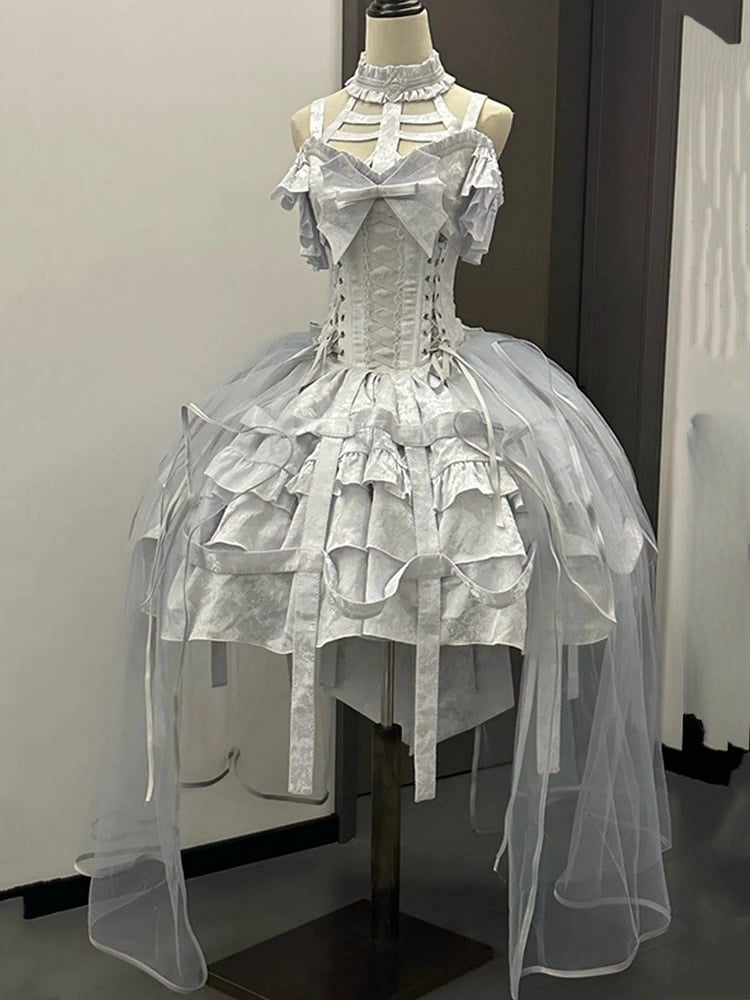 mit Schnürung, Ovarlay, Gothic-Korsettkleid, abnehmbares Design und Rock, silberne Schleife, Lolita, große Vogelkäfig-Taille