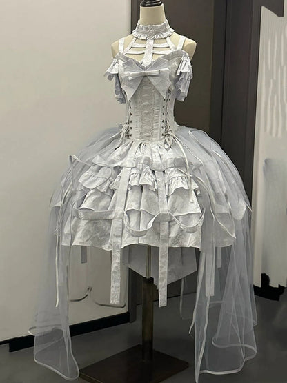 mit Schnürung, Ovarlay, Gothic-Korsettkleid, abnehmbares Design und Rock, silberne Schleife, Lolita, große Vogelkäfig-Taille