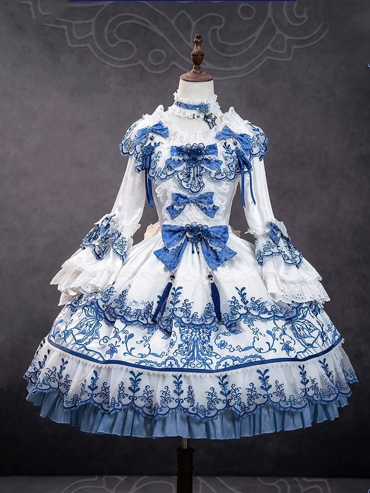 Blue Porcelain Butterfly Chinoiserie and Embroidery White Fabric