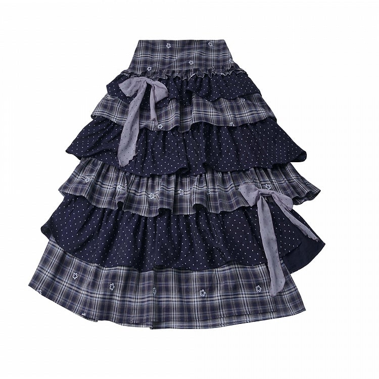 Black Dusty Purple Asymmetrical Tiered Long Skirt Plaid Polka Dot - PINK SAVIOR