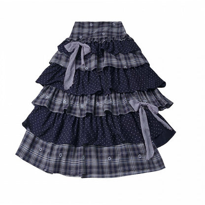 Black Dusty Purple Asymmetrical Tiered Long Skirt Plaid Polka Dot - PINK SAVIOR