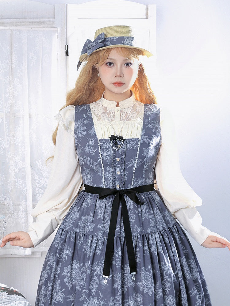 Beige Edward Neck Lolita Blouse with Bead-Accented Cuffs