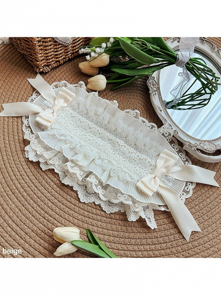 Beige White Lace Trim Lolita Bow Hairband - With PUJI