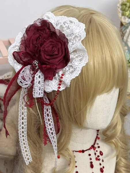 Beads Trim Hairclip/Brooch Bow Lace Rose Red With Gothic Lolita