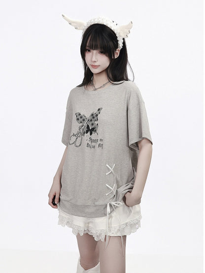 Gray Butterfly Round Neck Top with Lace & Ribbon - PINK SAVIOR