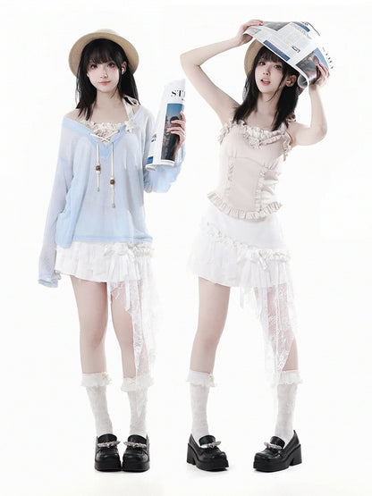 Saum Rosette Verziert Rock Weiß Spitze Patchwork Asymmetrische