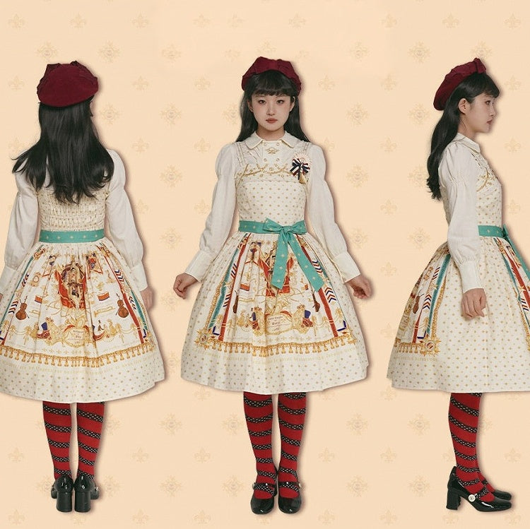 White Musical Print Elegant Lolita Jumper Skirt - Crucis Universal Tailor Company