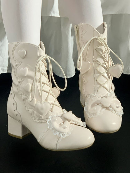 Heart Fastening Bow - Dual with PU Lolita Mid-Heel Boots Beaded Details Apricot Elegant