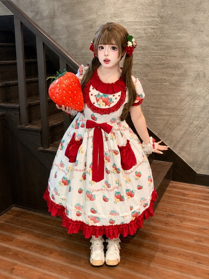 Curvy Strawberry Print Bow-Adorned Floral Skirt Dress - Versatile girl