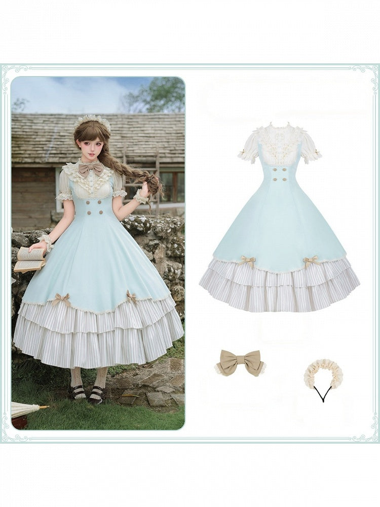 Puff-Sleeve Long Lolita Dress in Beige and Blue with Scalloped Hem and Butterfly Bows - With PUJI