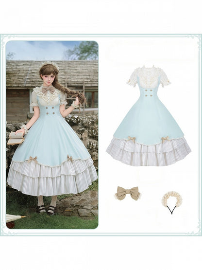 Puff-Sleeve Long Lolita Dress in Beige and Blue with Scalloped Hem and Butterfly Bows - With PUJI