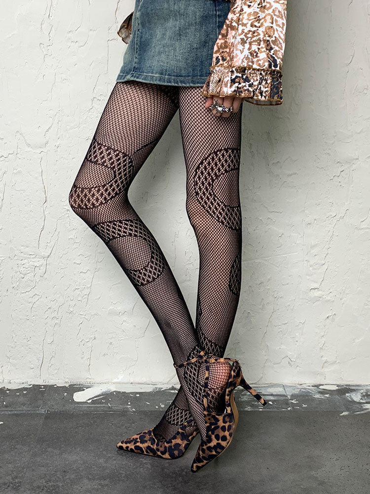 Y2K Black Snake Print Openwork Tights