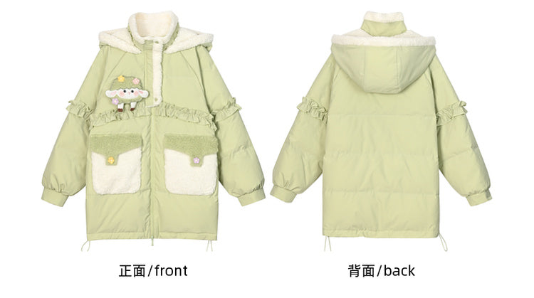 Grüner süßer Daunenmantel mit Kapuze und Rüschenbesatz