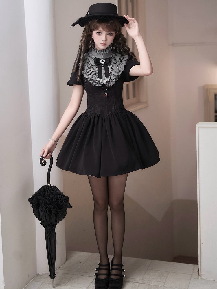 Gray Ruffled High Neck Collar + Bowtie + Detachable Pleated Cuffs