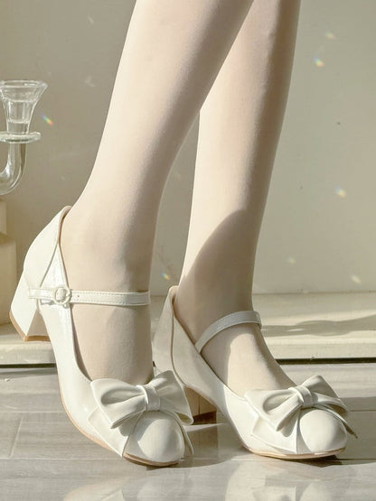 4cm Heeled Elegant Lolita Waxed White Mary Jane Shoes - Bow Decor & Round Snap