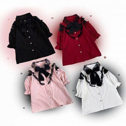 カットアウトショルダーレーストリムブラウスタイ（リボン付き） ジライケイ ブラック/レッド/ピンク/ホワイト