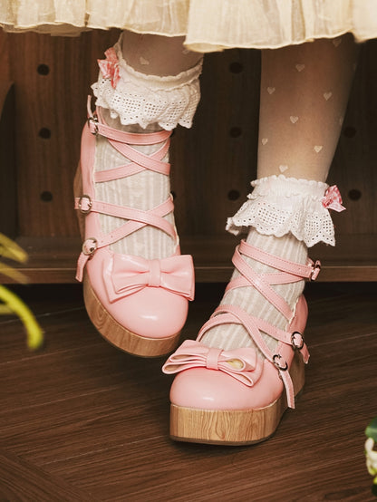 Bow Wedge Lolita Top Pink Design - at Crisscross Sweet PU Platforms