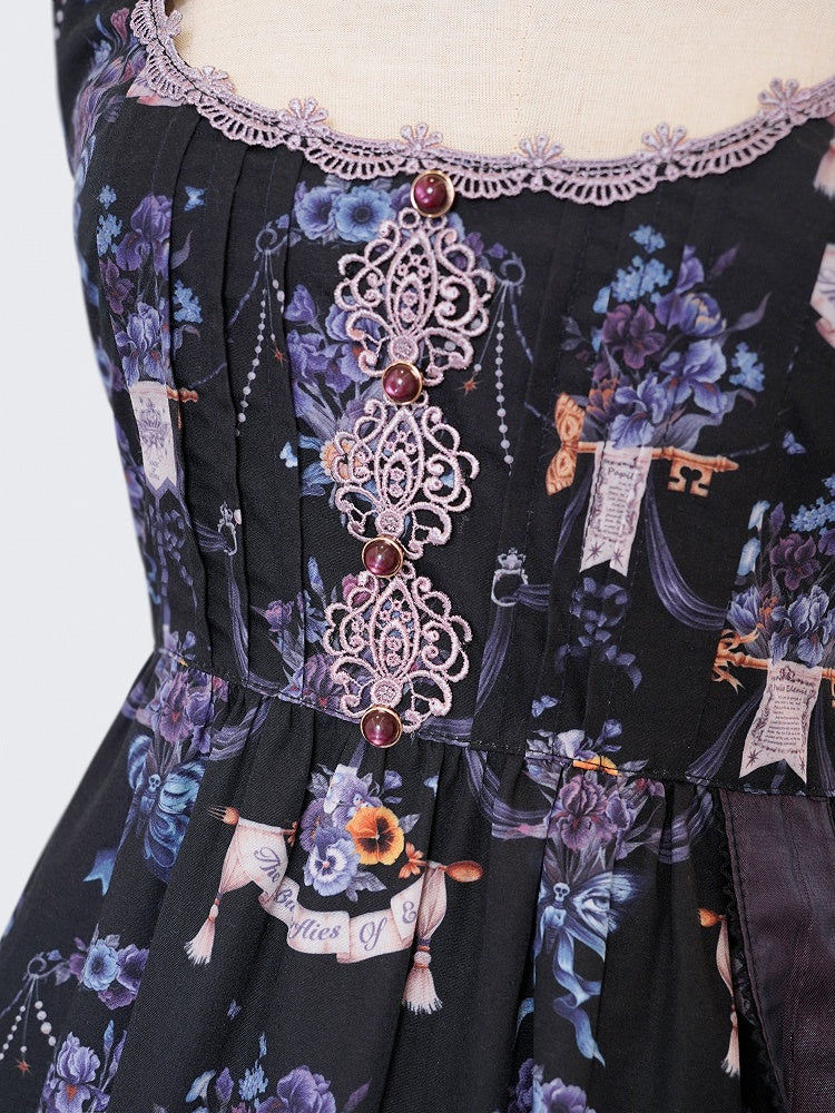Black-Purple Pansy Print Classic Lolita JSK with Lace Trim