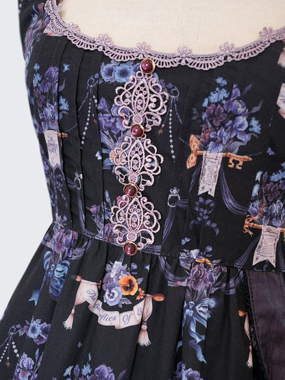 Black-Purple Pansy Print Classic Lolita JSK with Lace Trim
