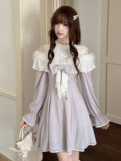 Seiso-kei Cutout Shoulder Long Sleeve Knit Dress in Purple with Feather and Lace Trim - LA LA JK