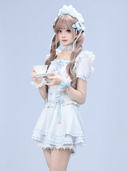 Blue Ryousangata Square Neck Short-Sleeve Cotton Blouse with Rhinestone Bow & Lace Details - Broken Bear