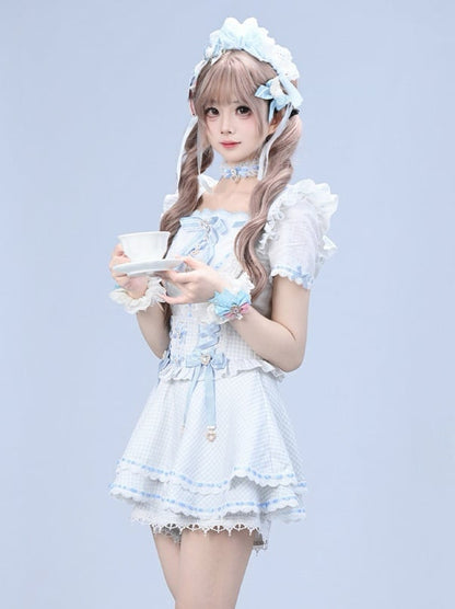 Blue Gingham Ryousangata Fashion Overall Skort with Rhinestone Bow & Lace Details - Broken Bear