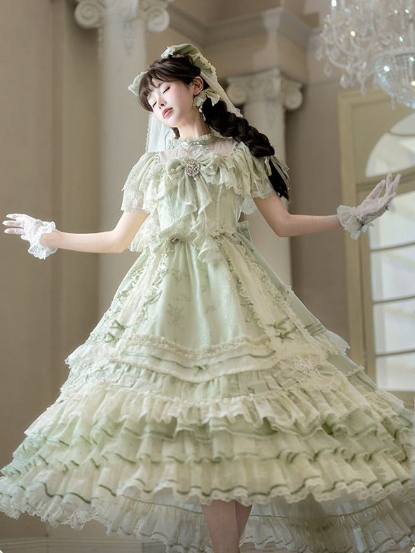 Emerald Lace-Trimmed OP Dress with Embroidered Flowers and Train - Mademoiselle Pearl