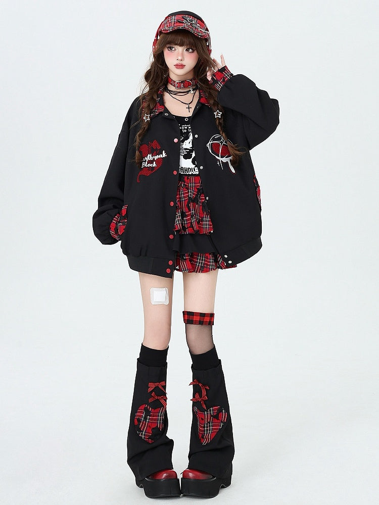 Rock Sleeves Chain Black Leg Red Plaid with Punk Decorated Tiered and Skirt Free